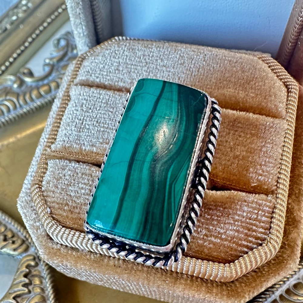 Malachite Sterling Silver Ring 6 Rectangle - Picture 2 of 5